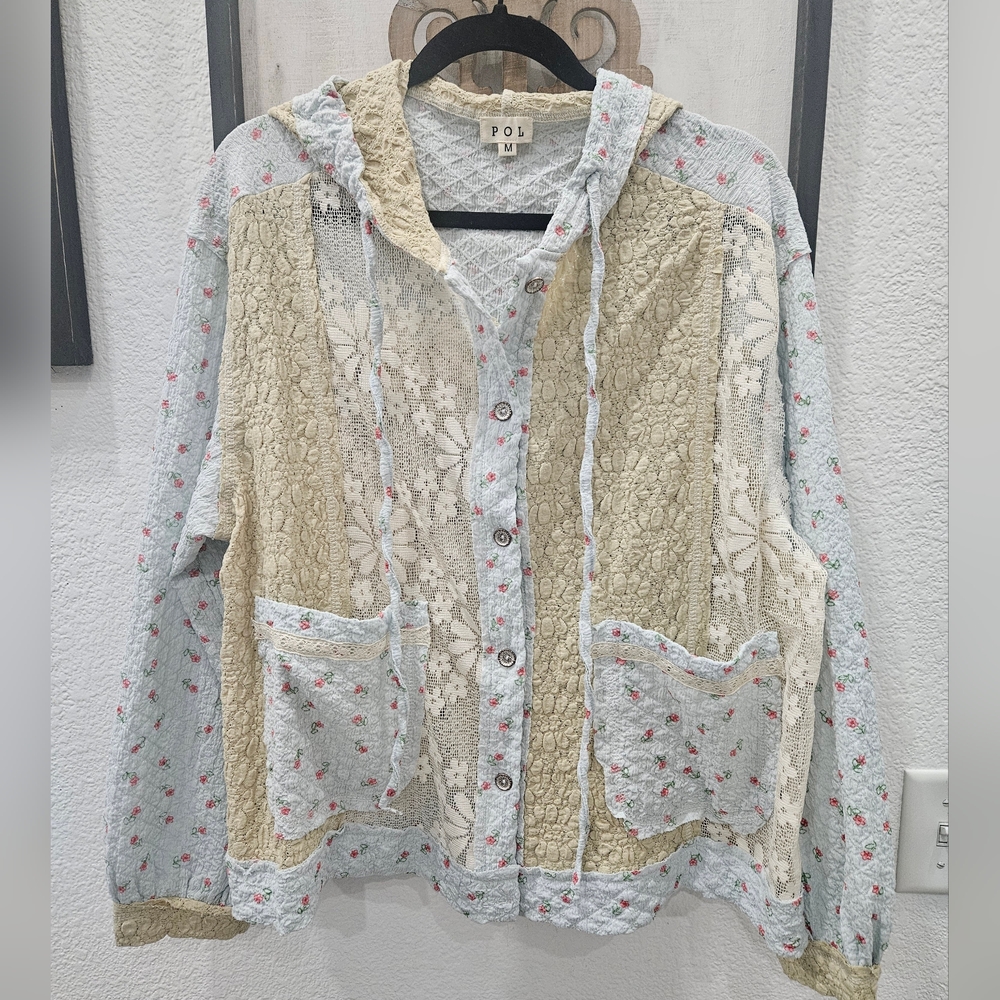 Pol Multicolor Patchwork Lace Floral Button Up Ho… - image 2